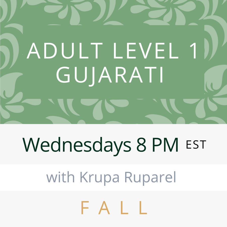 Gujarati ADULT LEVEL 1 with Krupa (Wednesdays 8pm EST) (Fall 24)